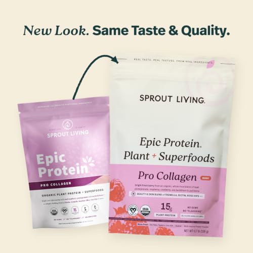 Image of Sprout Living Epic Protein, Plant Based Protein & Superfoods Powder, Pro Collagen, Berry | 15 Grams Organic Protein Powder, Vegan, Non Dairy, Non-GMO, Gluten Free, Low Sugar (0.7 Pound, 12 Servings)