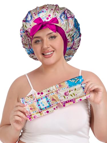 Vettres Pleated Silk Sleeping Bonnet with Eye Mask Double Layer Satin Hair Bonnets Sleep Cap for Curly Natural Hair Blue Purple Floral — view 4