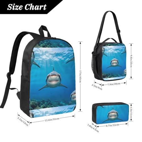 Lightweight Backpack For Unisex Backpack With Insulated Lunch Tote & Pencil Case Set (for Ocean Animals Sea Shark)4