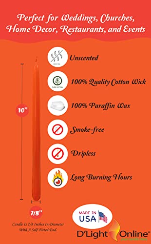 D'light Online Elegant Unscented Orange Taper Premium Quality Candles Hand-Dipped, Dripless And Smokeless - Set Of 12 Individually Wrapped (10 Inch, Orange) #TOP1