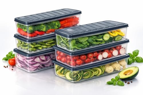 Image of Raawan Fridge Storage Boxes - Stackable Food Storage Containers | Removable Drain Plate & Lid | Durable Fridge Organizer to Keep Food Fresh Longer | Ideal for Fruits, Vegetables | 1200ml Pack of 10