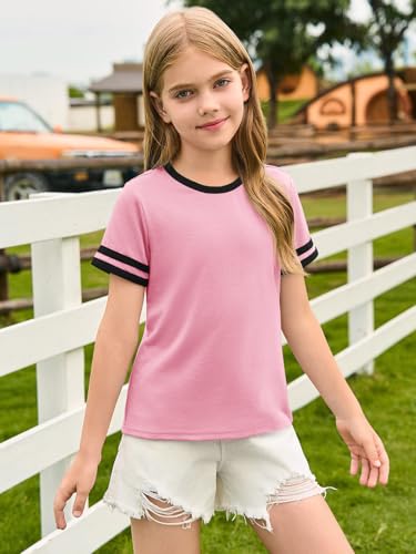 Haloumoning Girls Short Sleeve T Shirts Kids Summer Crewneck Color Block Tops Fashion Tees 5-14 Years3