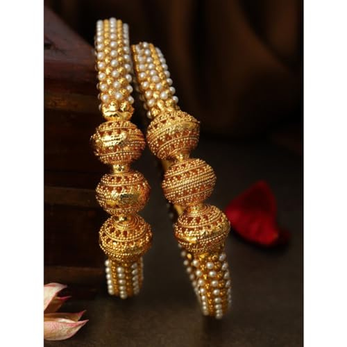 Image of Rubans Set of 2 22K Gold-Plated Stylish Stone Studded Traditional Bangles for Womens & Girls