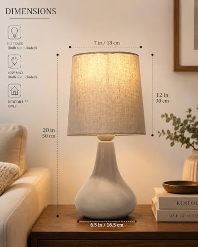 Image of Homesake Modern Small Ceramic LED Table Lamp, Classic Bedside Desk Lamp for Living Room Bedroom, Farmhouse Nightstand Lamps Fabric Shade (Gray)