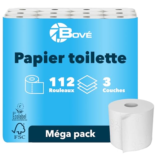 BOVE Papier toilette triple épaisseur 112 rouleaux - 250 feuilles par rouleau - Extra doux, résistant et absorbant - Certifié FSC et Ecolabel UE - Excellent...