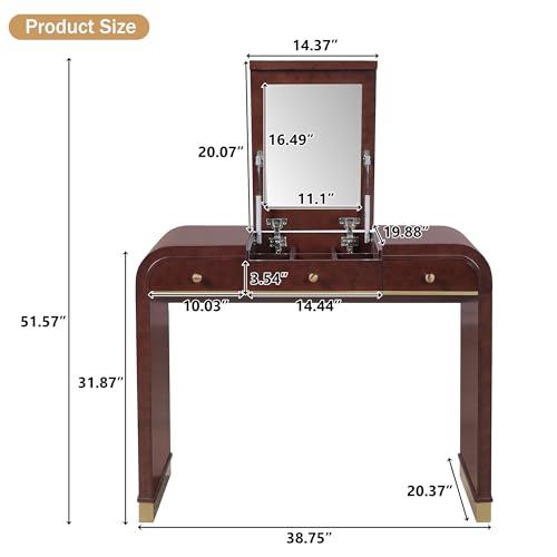 Image of JIVOIT Vintage Vanity Desk with Flip Mirror, Flip-Top Mirror with Hidden Storage, 3-in-1 Wood Dressing Table with 2 Drawers and Storage Space, Easy Assembly (Espresso,44)