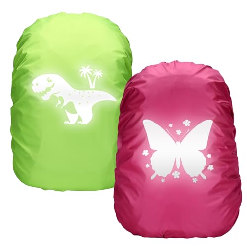 Byhsoep Regenüberzug Schulranzen Einhorn Dino Schmetterlinge Rucksack Regenschutz wasserdichte Regenhülle für Rucksack Überzug Reflektierend für Jungen Mädchen Schulanfänger (Rosenrot+Grün)