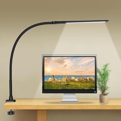 YOUKOYI LED Desk Lamp with Clamp,10W Swing Arm Clamp Lamp, 5 Brightness Levels & 4 Color Modes, Gooseneck Lamps Touch Control, Architect Desk Lamp for Home Office, Reading, Work(Black)