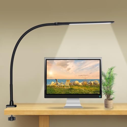 YOUKOYI LED Desk Lamp with Clamp,10W Swing Arm Clamp Lamp, 5 Brightness Levels & 4 Color Modes, Gooseneck Lamps Touch Control, Architect Desk Lamp for Home Office, Reading, Work(Black)