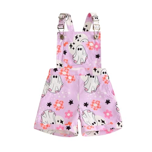 Adobabirl Toddler Baby Girl Halloween Outfit Ghost Pumpkin Overalls Romper Suspender Shorts Jumpsuit Cute Fall Clothes (Halloween Ghost Purple 2-3T)