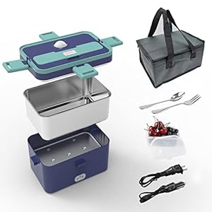 Electric Lunch Box Heated Lunch Box Portable Food Warmer for Adults, 1.8L 60w 12v/24v for Car/Truck, 110v for Office Home, Removable Container, With Fork Spoon Carry Bag (Dark purple+Green)