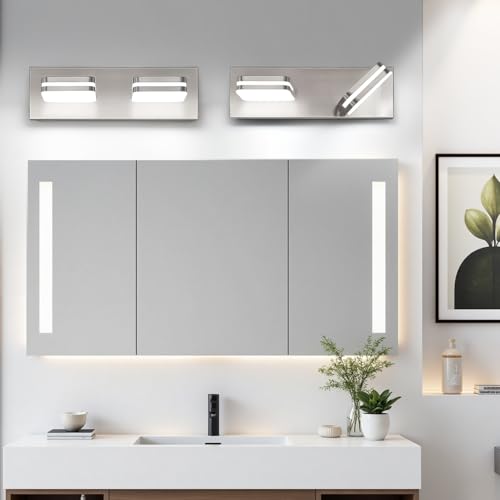 Image of Torondo 360 Rotate LED Bathroom Vanity Light Fixtures, Acrylic Vanity Lights for Bathroom, Modern Wall Lighting Fixtures Over Mirror Living, Brushed Nickel, Natural White, 2-Light, 14-Inch