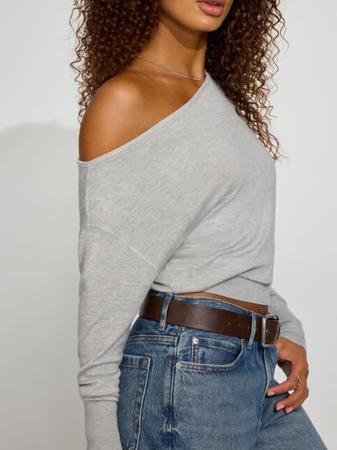 Women Off Shoulder Pullover Sweaters Y2k Long Sleeve Boat Neck Oversized Knit Jumpers Sexy Ribbed Asymmetric Fall Top4