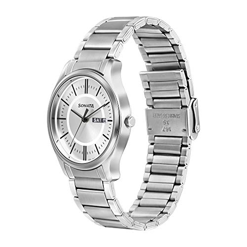 Image of Sonata Essentials Quartz Analog with Day and Date Silver Dial Silver Stainless Steel Strap Watch for Men - NT77082SM02W