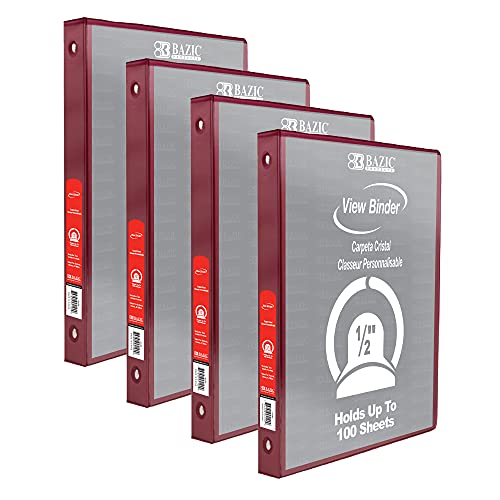 Image of BAZIC Products 1 /2 inch Burgundy 3-Ring View Binder, Round Ring, 4-Pack | round rings, 1 /2 in Burgundy view 3-ring binder, 2 inside pockets, holds up to 100 sheets, Durable poly cover, 2 Pockets