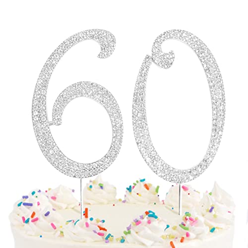 Number Cake Topper 60, Uniideco Silver Rhinestone Premium Metal Bling Bling Cake Decor, Sparkly Happy Birthday Wedding Anniversary Party Decoration Centerpiece #TOP5