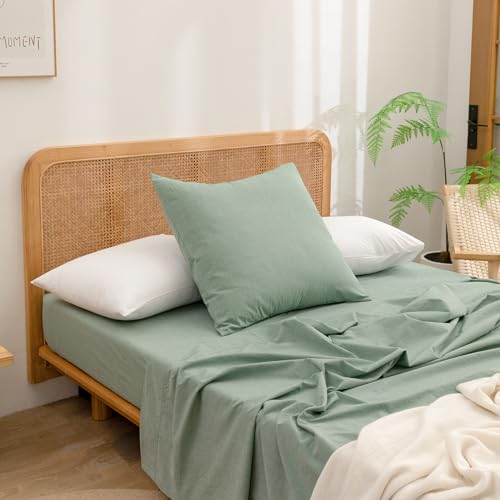 BESTOUCH Washed Cotton Pillowcases Linen Feel Green Euro