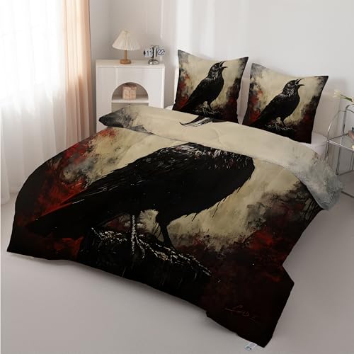 Boceoey Cuervo Edredón Nórdico Cama 90 Pájaro Negro - Edredón Reversible Ligero y Suave, Diseño Gótico Oscuro Relleno Nórdico 4 Estaciones 180x220 cm y 2 Fundas de Almohada 50x75 cm AX-515