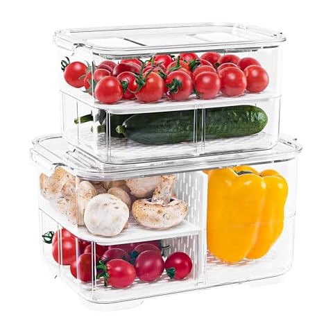 elabo Food Storage Containers Fridge Produce Saver- Stackable Refrigerator Organizer Keeper Drawers Bins Baskets with Lids and Removable Drain Tray for Veggie, Berry and Fruits, 1 Medium and 1 Large Cover