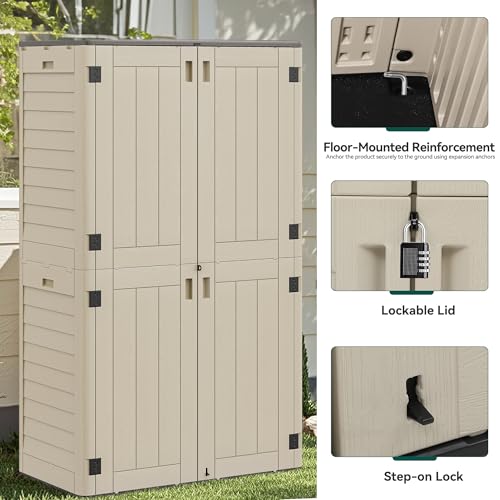 Image of YITAHOME 60 cu ft Tall Outdoor Storage Shed w /o Shelf, Resin Vertical Outdoor Storage Shed, Large Waterproof Storage Cabinet for Garage, Poolside, and Garden (Khaki + Black)