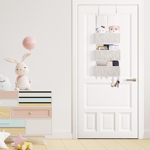 ANTIS'S HOME Over The Door Organizer Boho Bedroom Decor Nursery Storage with 3 Large Woven Pockets, Macrame Nursery Organizers and Toys Storage, Behind Door for Bathroom, Beige Back of Door Organizer by ANTIS'S HOME - Image 9