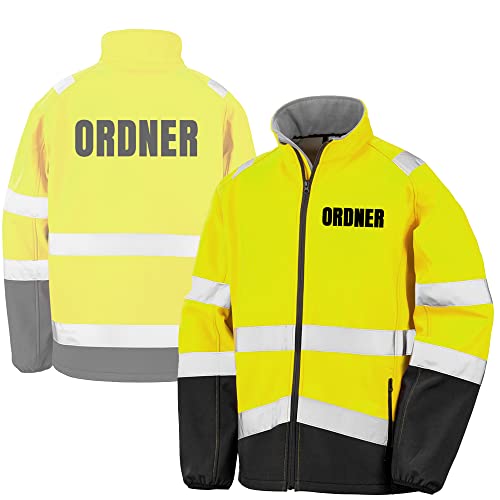 Fassbender-Druck WARNWESTEN - ORDNER Sicherheitsjacke GELB aus Softshell - Gelb Warnjacke nach EN ISO 20471 zertifiziert - Unisex und hochwertigem Reflektorstreifen (Gr. L)