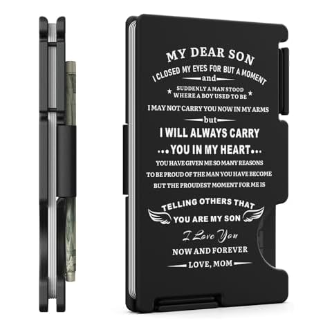 MIFANYO To My Son Engraved Wallet, Minimalist Metal Card Holder from Mom Mother, RFID Blocking Slim Front Pocket Cash Strap Wallets, Personalized Gifts for Birthday Christmas Graduation Cover