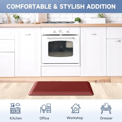 Image of 4 /5 Inch Thick Kitchen Mats for Floor, StepRite Kitchen Rug for Standing Desk, Non-Slip, Thicker, Stain & Water Resistant, Comfort Anti Fatigue Floor Mat for Home, Kitchen, Office - Red,108 * 30''