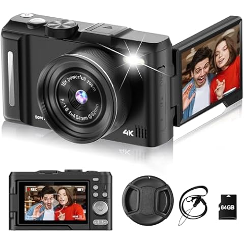 4K Digital Camera for Photography, AutoFocus 50MP Vlogging Compact Camera for YouTube Video, 3" 180° Flip Screen with Flash 18X Zoom, Anti-Shake with 64GB SD Card for Beginner - Black Cover