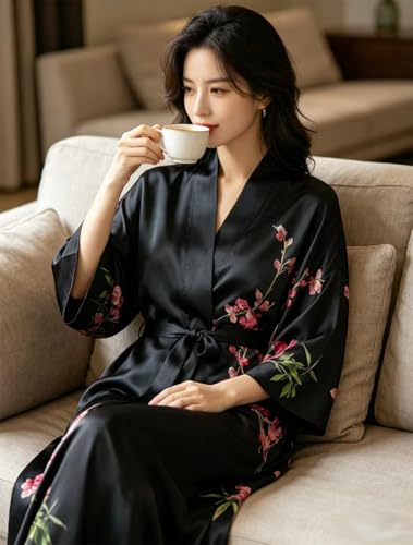 Image of Women's Classic 100% Silk Kimono Robe, Bathrobe-Printed Pattern