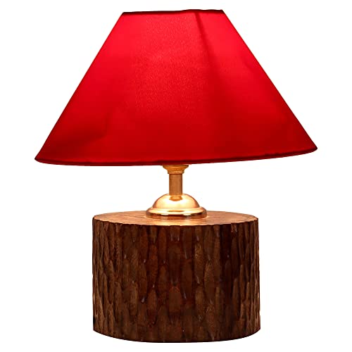 Image of tu casa Table Lamps with Mango Wood Base & Red Cotton Shades for Home Decor, Bedrooms, Living Room, Gifting, Diwali Decoration, Dining Space, Study Room, Hall (Height- 29cm) - Bulb not Included