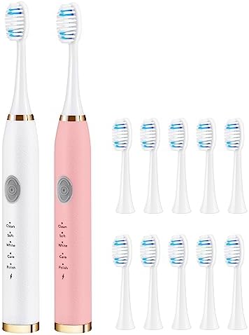 2-Pack Adult Electric toothbrushes for Oral Care, Rechargeable Sonic Toothbrush Set, 35,000 VPM, 10 Replaceable Brush Heads, 5 Modes