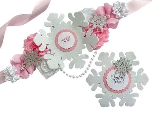 Pink Snowflake Baby Shower Maternity Sash, Winter Baby Shower Sash (Mom Sash and Dad Pin)