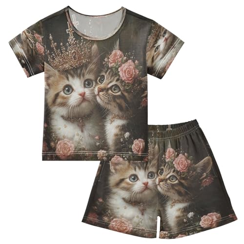 ALAZA Rose Cat Kitten Crown Pajamas Set Short Sleeve Cotton Sleepwear Summer Pjs 2 Piece 5-14Y