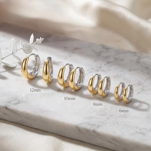 Image of Two Tone Gold Chunky Huggie Hoop Earrings Set for Women Men Hypoallergenic 14K Plated Stack Cartilage Earrings, Sterling Silver Multiple Piercing Lightweight Mini Thin Dainty Trendy Jewelry Gift