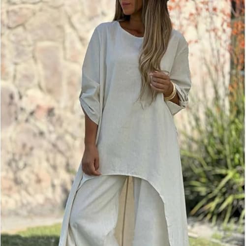 Thoughtaidea Women's Solid Color Linen Fashionable Casual Suit, Elegant Cotton Linen Two Piece Irregular Pantsuits3