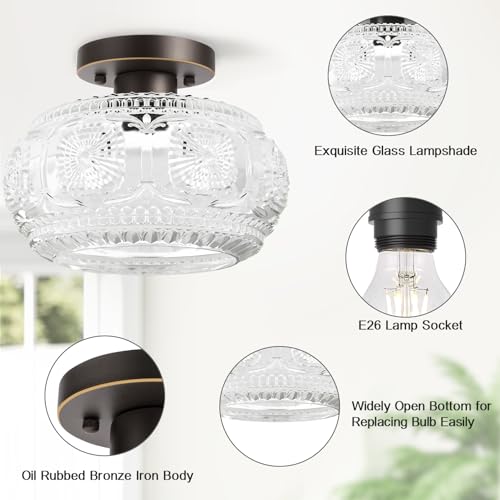 Image of Semi Flush Mount Ceiling Light, Globe Glass Ceiling Light Fixture, Oil Rubbed Bronze with Gold Trim Modern Lighting for Hallway Bedroom Entryway Kitchen Porch, Bulb Not Included (Pack of 2)