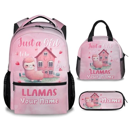 UNIKITTY School Backpack for Girls - Personalized Girls Bookbag - Llama Back Pack for Kids Toddler - 17 Inch Custom Name Schoolbag with Lunch Box and Pencil Case