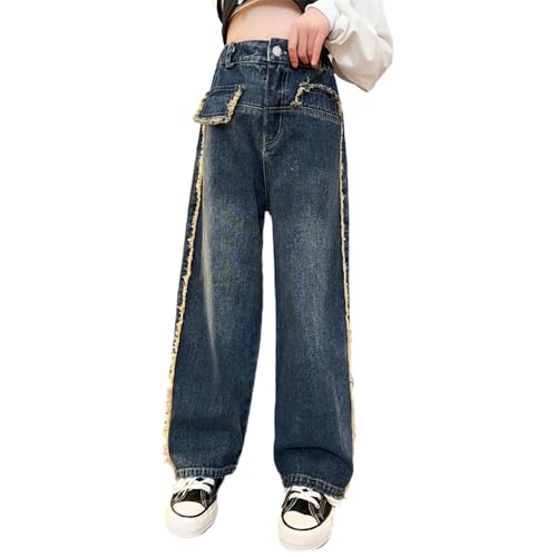 Tween Girls Fashion Baggy Jeans-Casual Raw Hem Elastic Waistband Wide Leg Loose Denim Pants with Pockets2