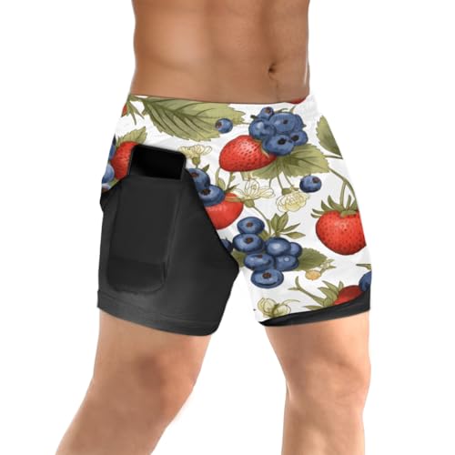 TropicalLife Strawberry Flower Blueberry Short de course à pied pour homme Séchage rapide Short d'entraînement sportif avec poche pour téléphone 2 en 1 Short d'entraînement de gym, couleur, M