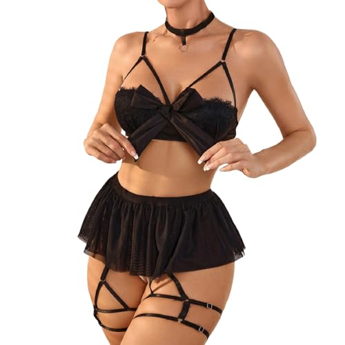 Generisch Conjunto de bragas de sujetador de encaje de lencería de 2 piezas, Negro , S