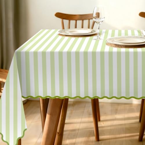 Whaline Scalloped Edge Green Striped Tablecloth 55 x 70 Inch Waterproof Fabric Tablecloth Rectangle Table Cover for Home Kitchen Table Decoration