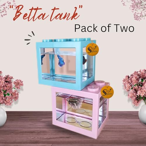 Image of Sage Square Betta Fish Tank - Perfect for Small Spaces, Sturdy, Stylish Design for Beginners & Experienced Fish Keepers, Easy Maintenance Aquarium for Betta Fish, Ideal for Home, Office (Pack of 2)