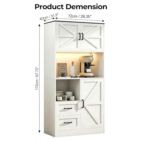 Image of 67.72 inch Tall Kitchen Pantry Cabinet with LED Light & Charging Station, Modern Kitchen Hutch with Microwave Stand, Countertop, Doors & Adjustable Storage Shelves