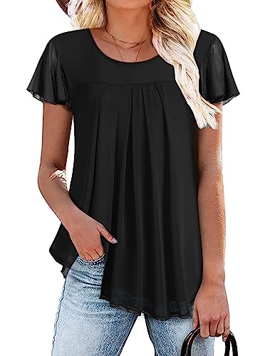 Beyove Blusen Damen Elegant Falten Kurzarm Sommer Shirt Rundhals Blusentops Tunika Doppellagig...