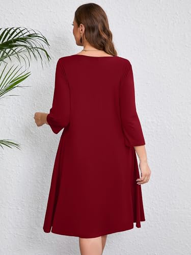 Image of AusLook Women's Plus Midi Dresses Crew Neck A Line 3 /4 Sleeves Casual Elegant Loose Wedding Vacation Dress with Pockets