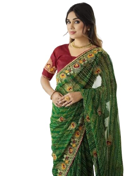Image of Women's Georgette Bandhani Printed Embroidery Saree with Unstitched Blouse Piece