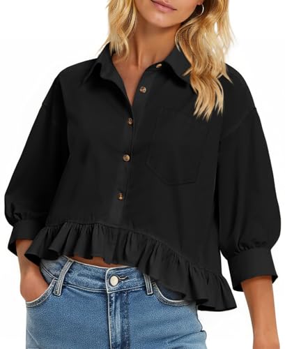 Cicy Bell Womens Cropped Button Down Shirts 3/4 Length Sleeve Casual Cotton Blouses Loose Fit Ruffle Hem Tops