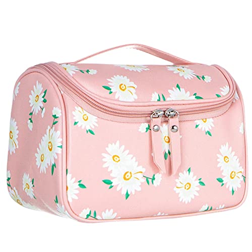 Makeup Bag Cosmetic Bags Large Deep Handbag Traveling Organizer for Women and Girls Make up Waterproof Travel Bags (Pink Flower)