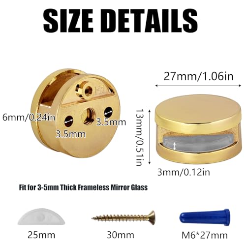 Image of Frameless Mirror Mounting Hardware Kit Zinc Alloy Mirror Holder Clips Round Shape Dual-Screw Fixing Mirror Glass Hanging Bracket with Screws and Anchors Fit for 3-5mm Thickness(Golden, Set of 4 )